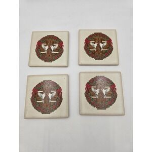 Set Of 4 Vintage Christmas Ceramic Tile Coasters Doves In wreath